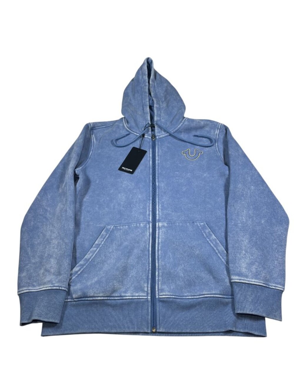 True Religion Mens Blue Washed Full Zip Pullover Hoodie Size Medium NWT